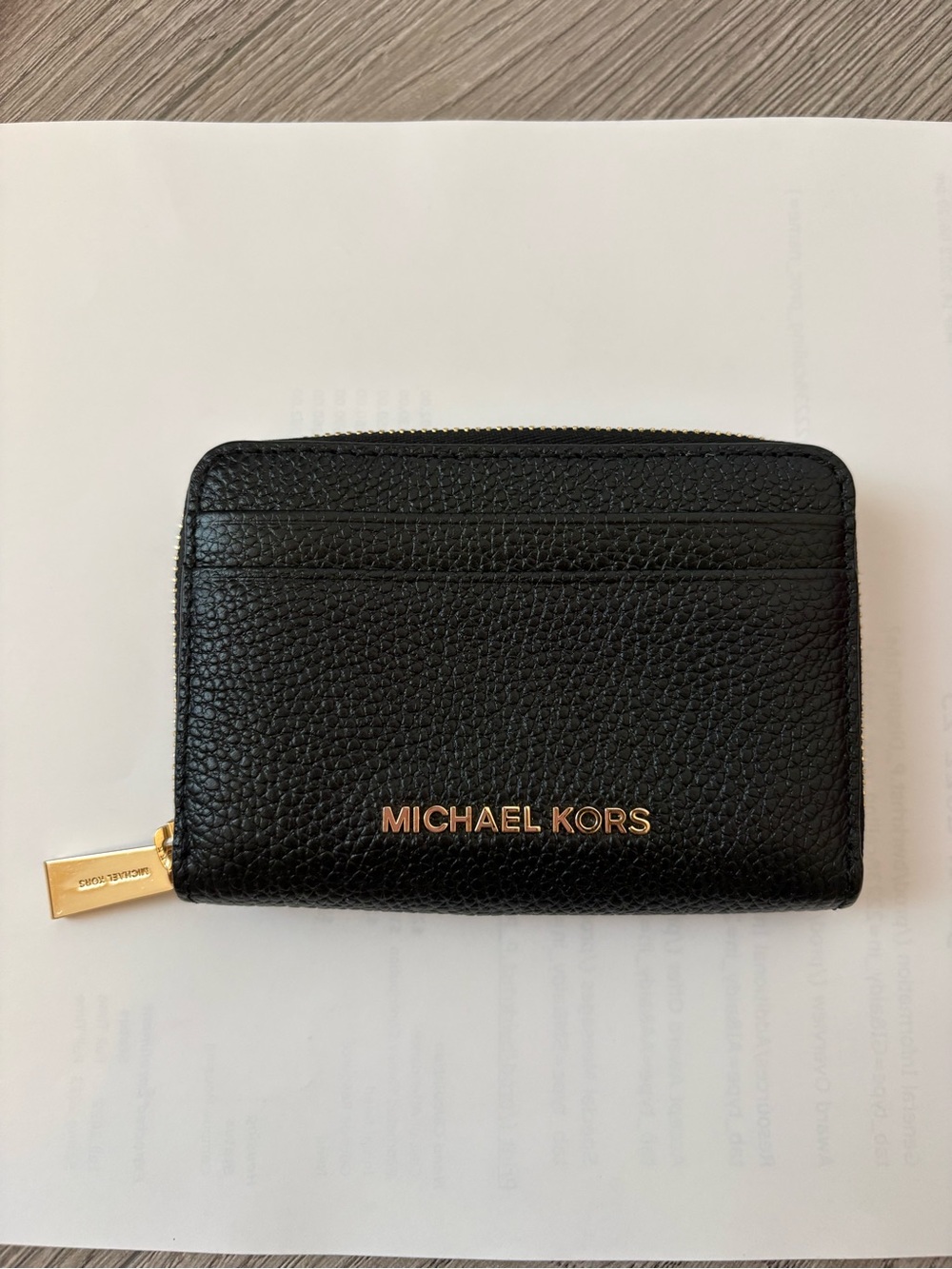 Michael Kors Black Pebbled Leather Zip Card Holder with Gold Hardware